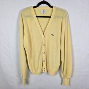 VINTAGE Izod Lacoste‎ Cardigan Sweater Size Large Yellow Alligator Logo Grandpa